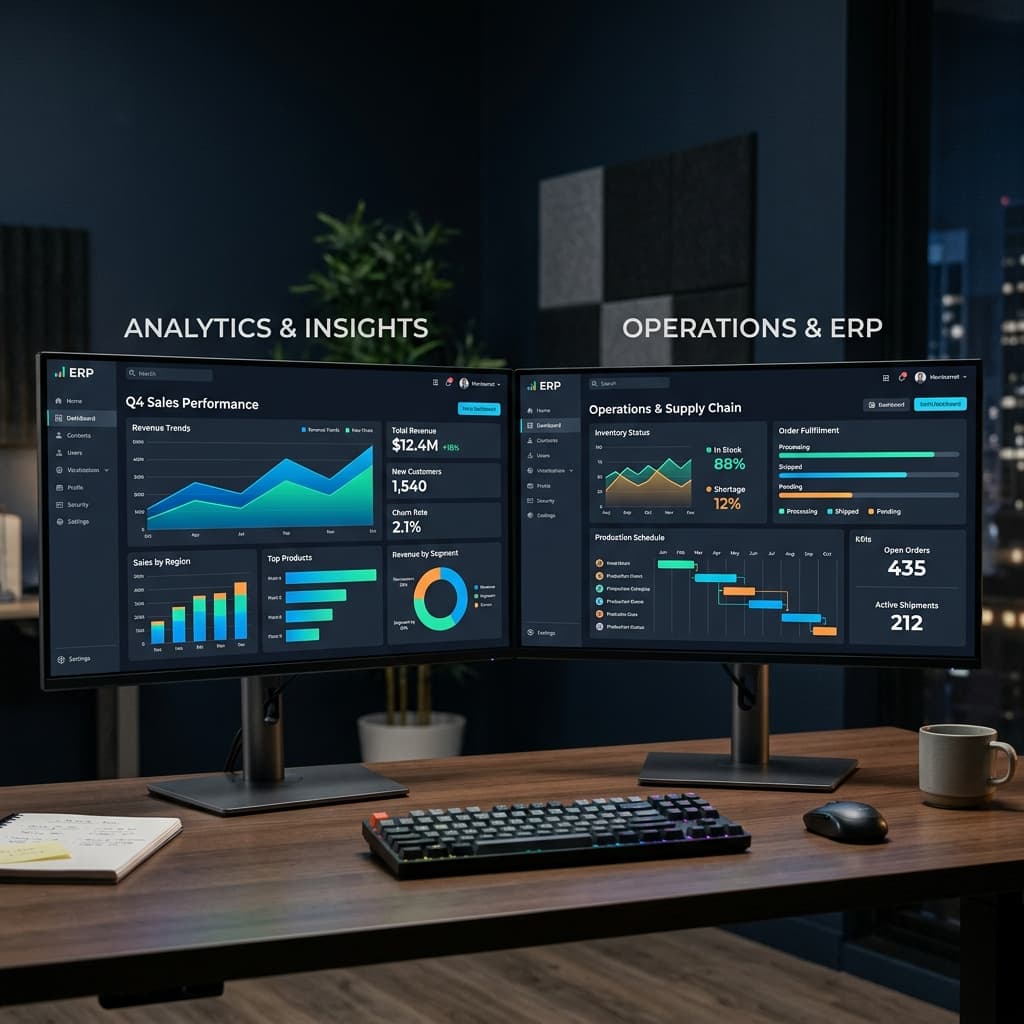 Assan Solutions dual monitor analytics and ERP software interface